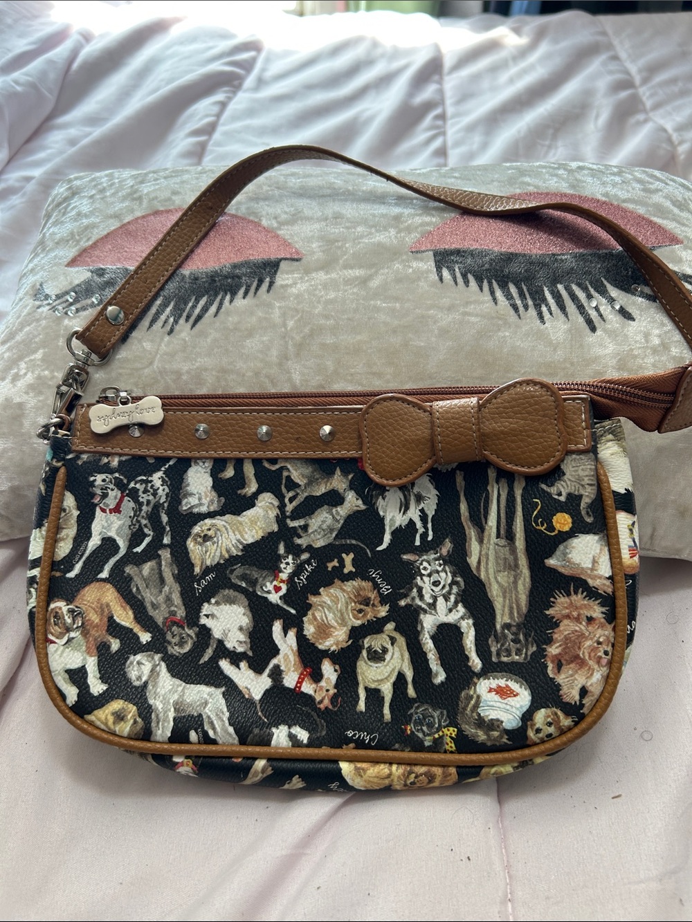 Sydney Love Brown and Black Dog Print Shoulder Bag with Bow Accent NWOT